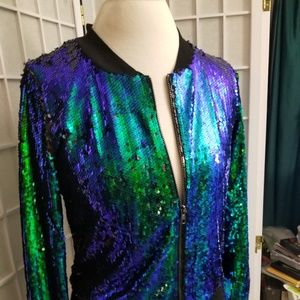 Iridescent peacock green sequined jacket sz 8